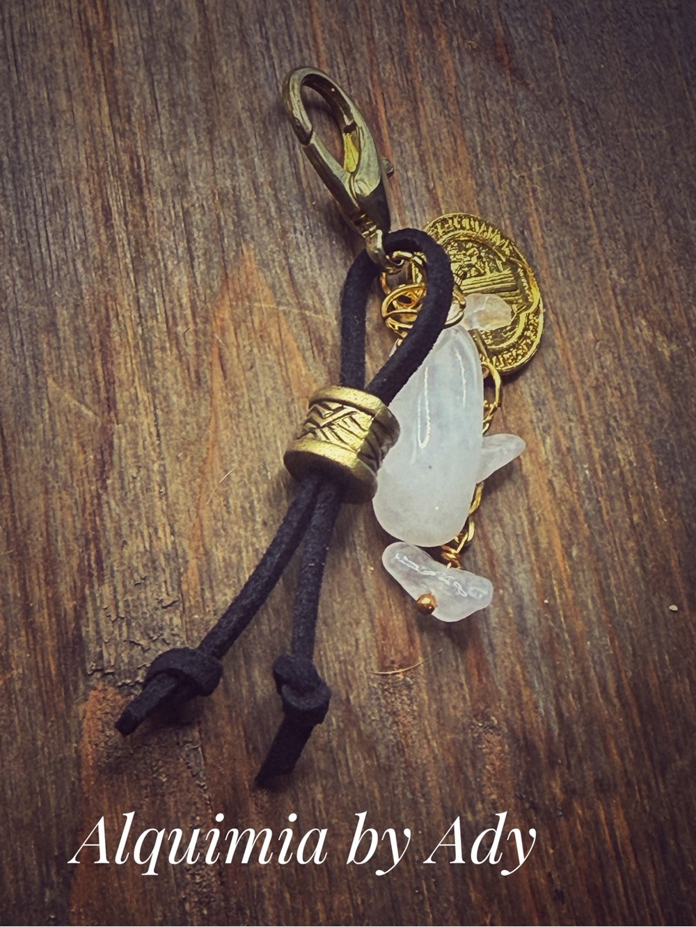 Fall + Black Leather & White moonstone Crystal Charm Key and Card Holder